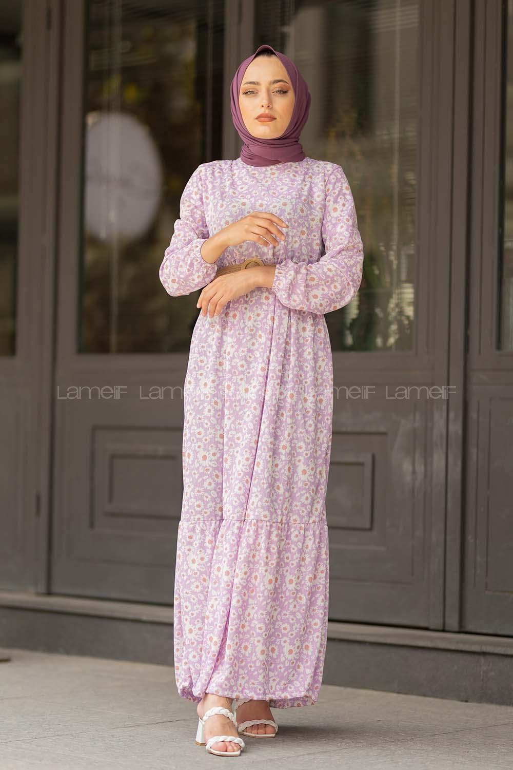 Modalamelif  Soyut Papatya Elbise Açık Lila