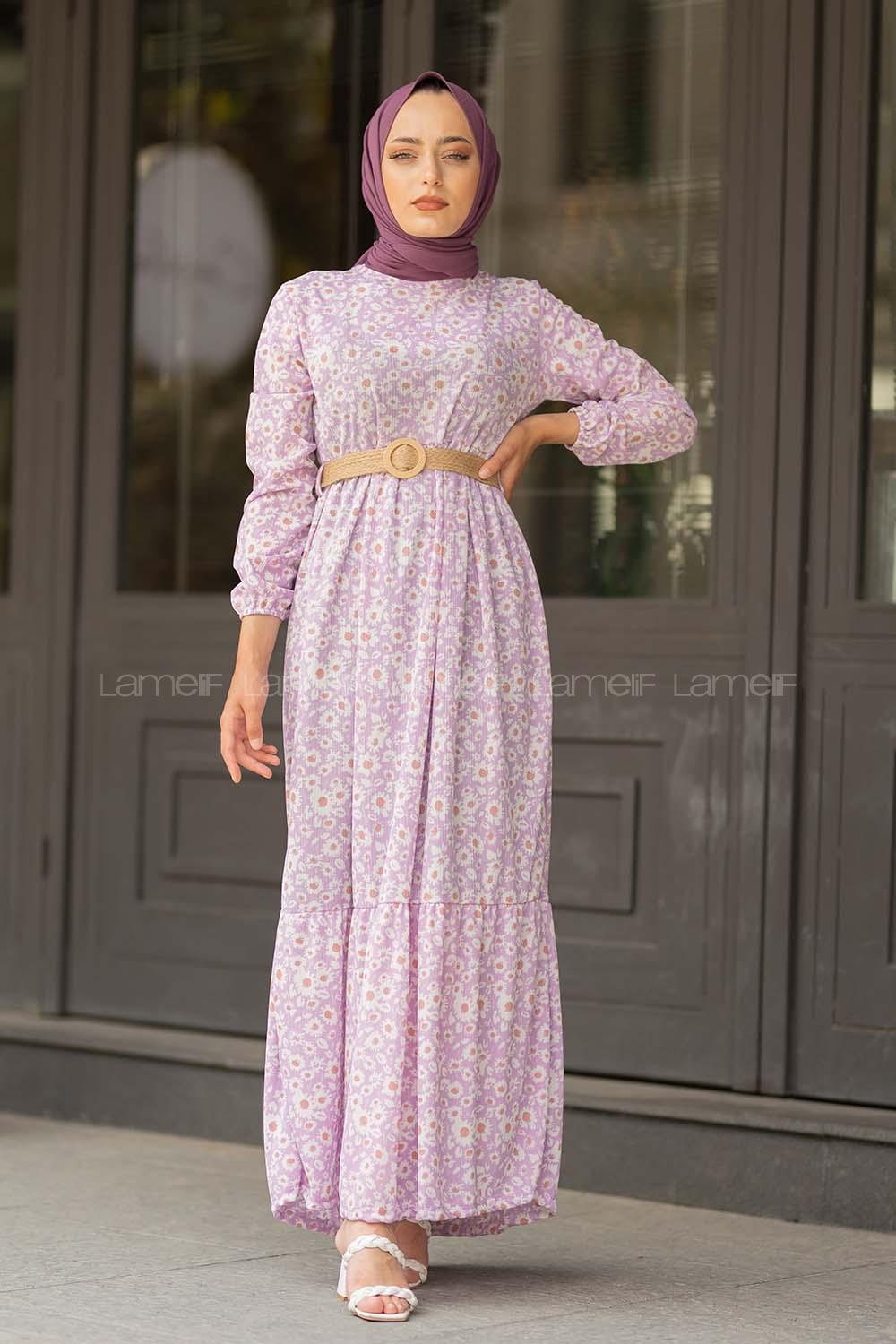 Modalamelif  Soyut Papatya Elbise Açık Lila
