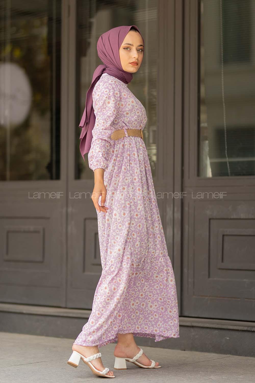 Modalamelif  Soyut Papatya Elbise Açık Lila