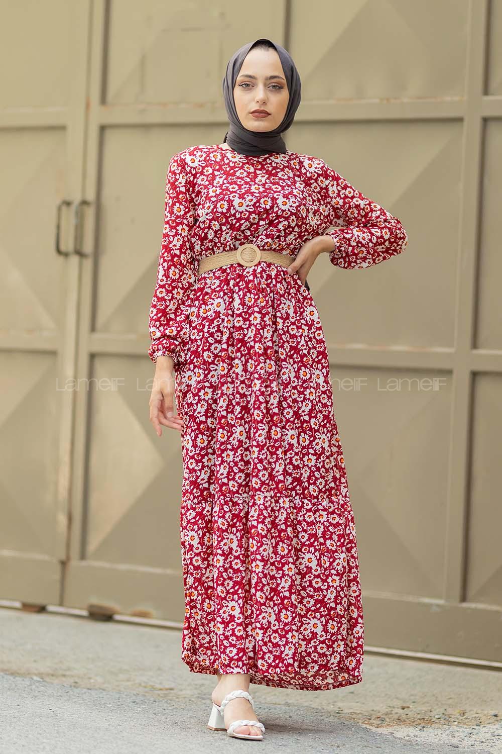 Modalamelif  Soyut Papatya Elbise Bordo