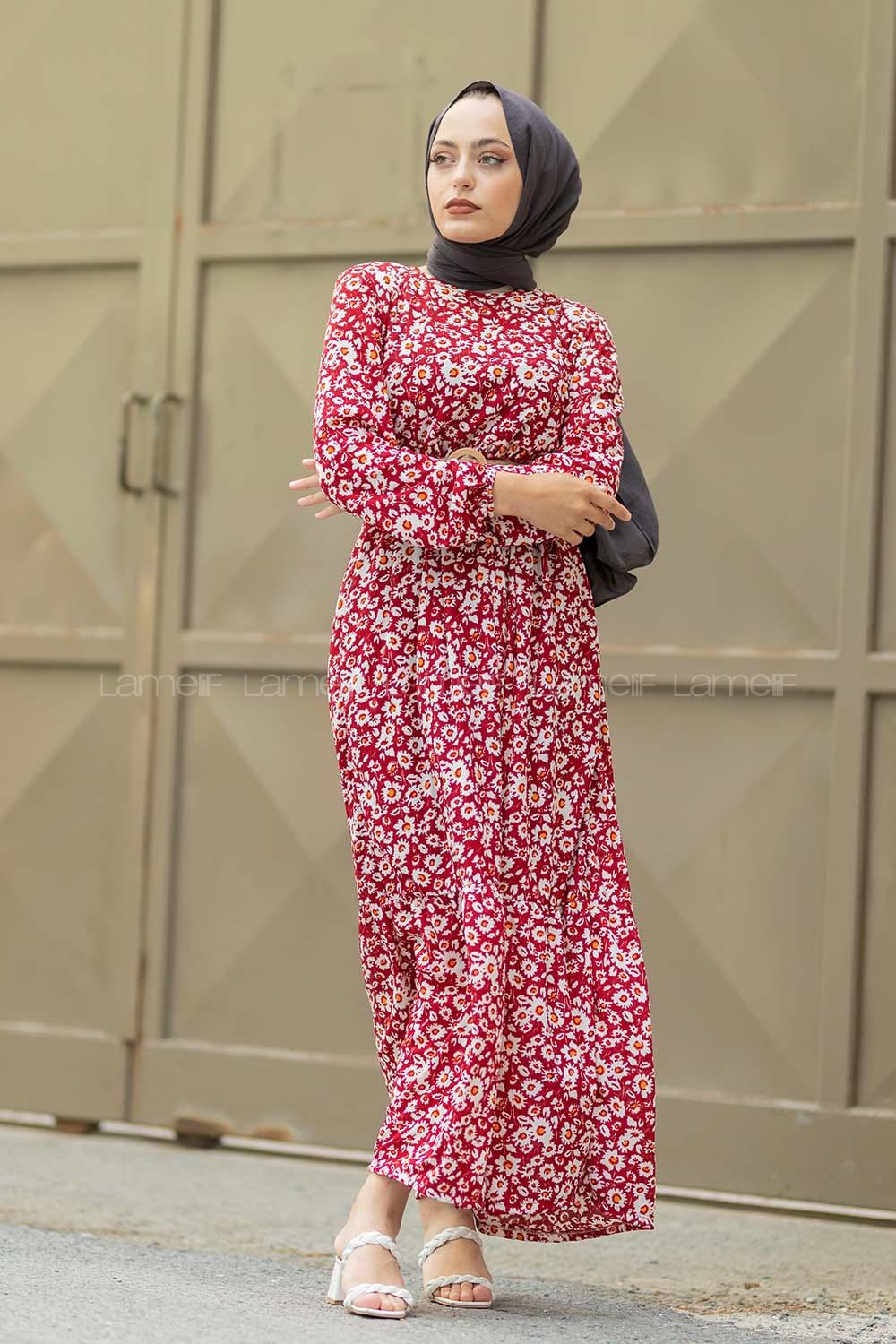 Modalamelif  Soyut Papatya Elbise Bordo