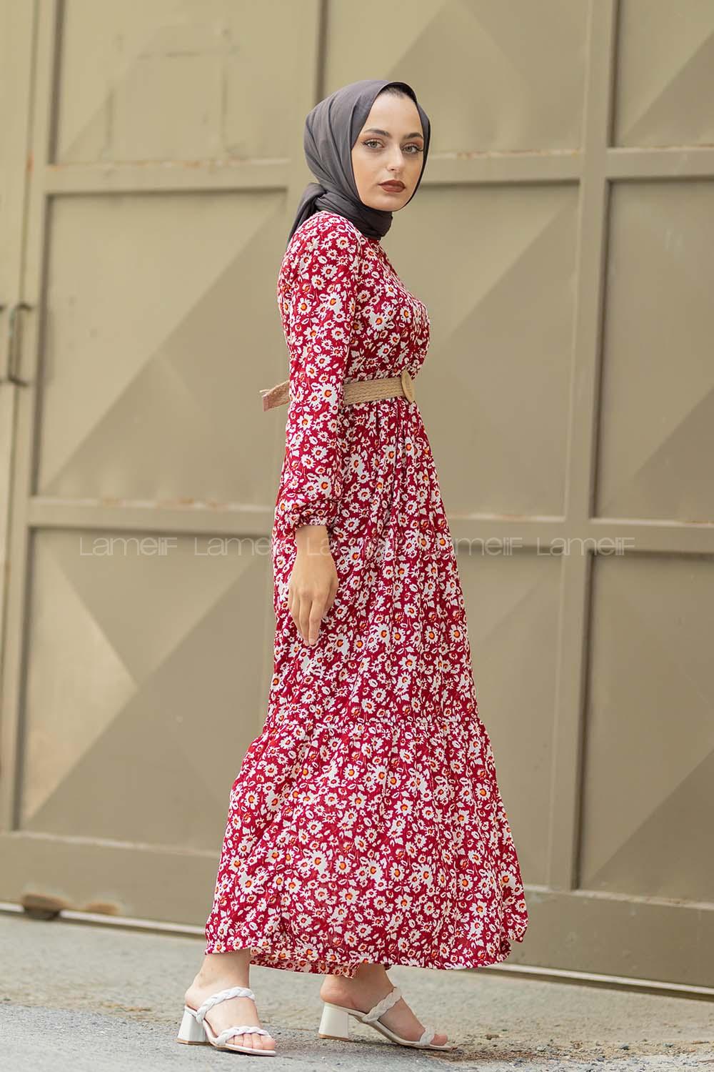 Modalamelif  Soyut Papatya Elbise Bordo