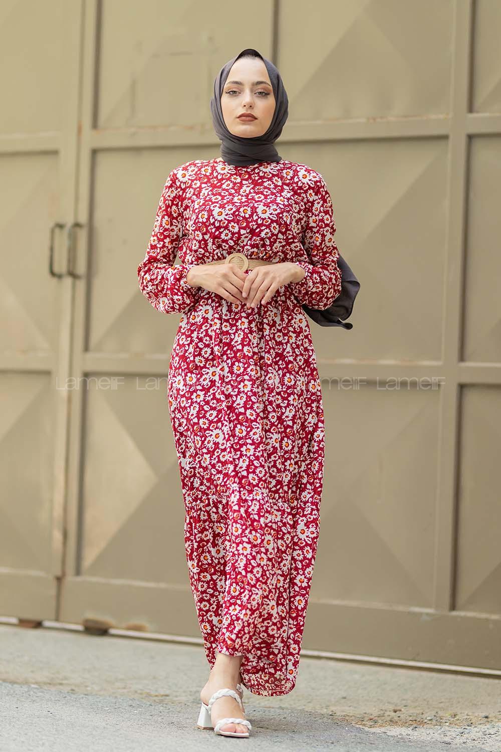 Modalamelif  Soyut Papatya Elbise Bordo