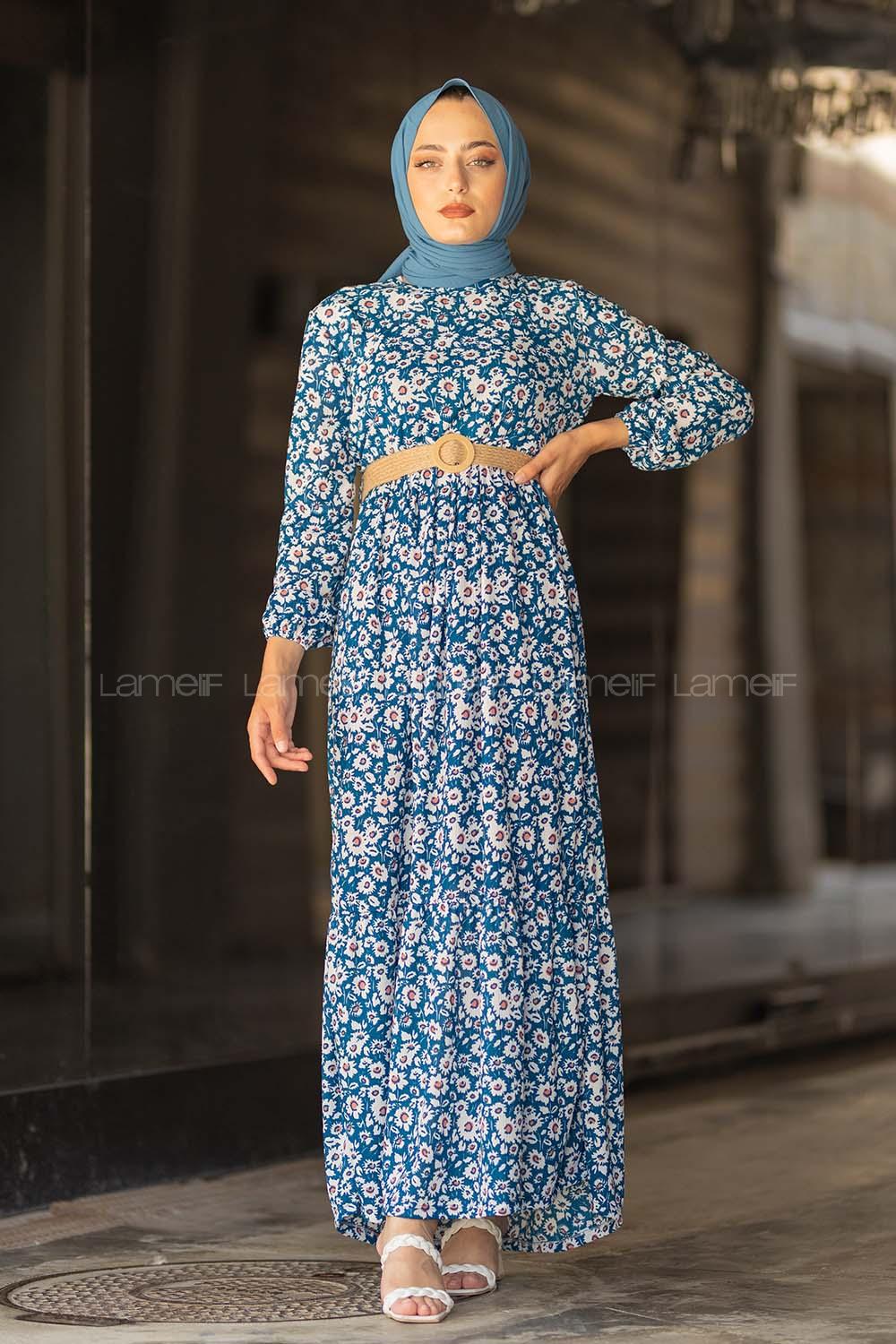 Modalamelif  Soyut Papatya Elbise İndigo