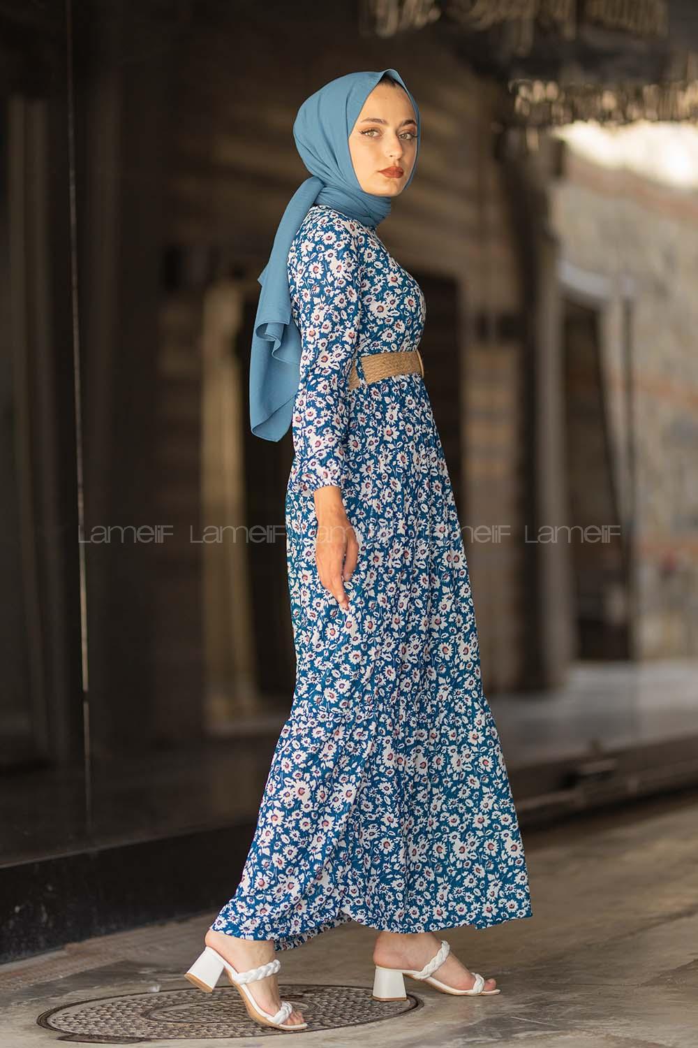 Modalamelif  Soyut Papatya Elbise İndigo