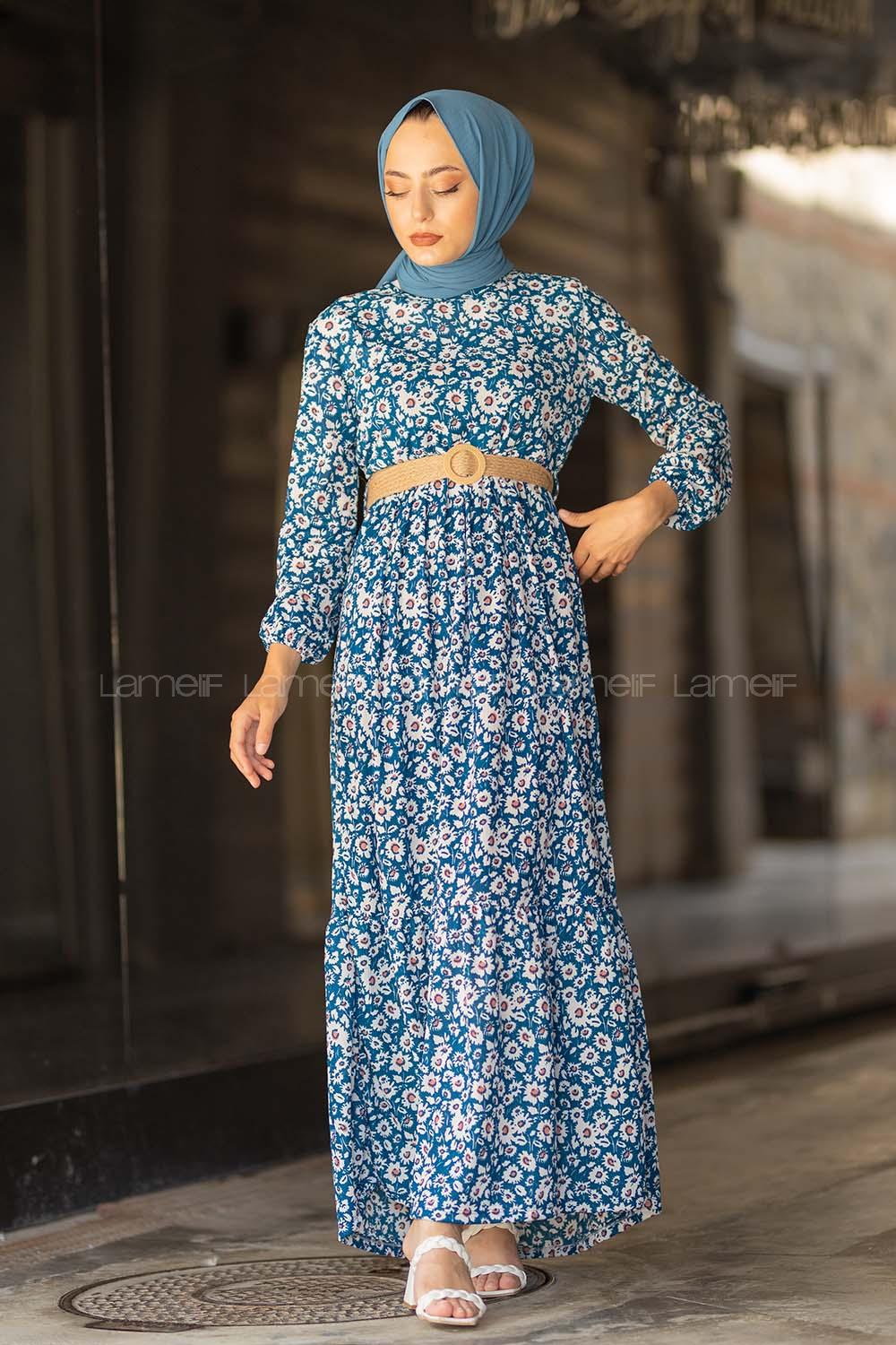 Modalamelif  Soyut Papatya Elbise İndigo