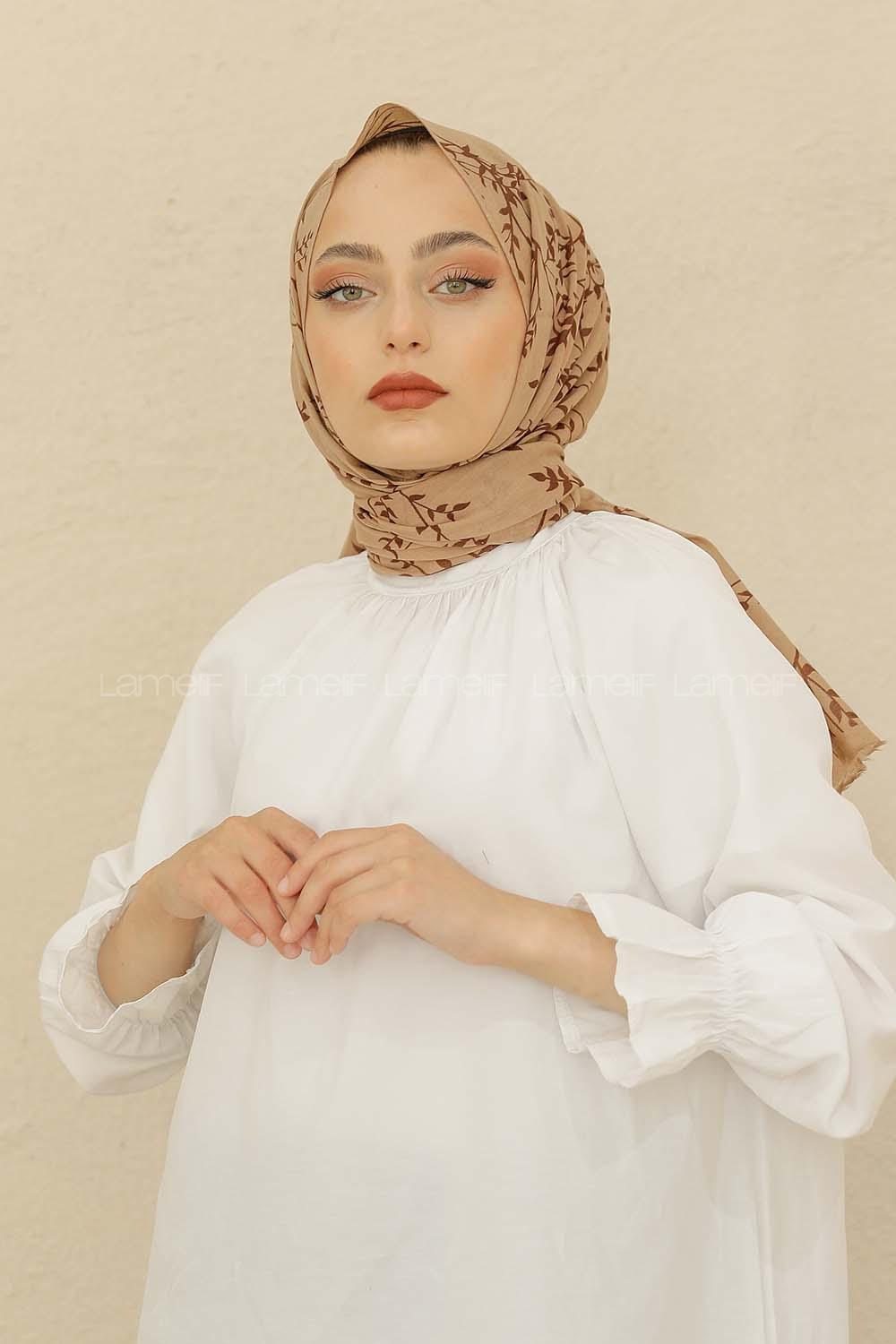 Modalamelif Toprak Rengi Ceviz Yaprağı Pamuk Vual Şal