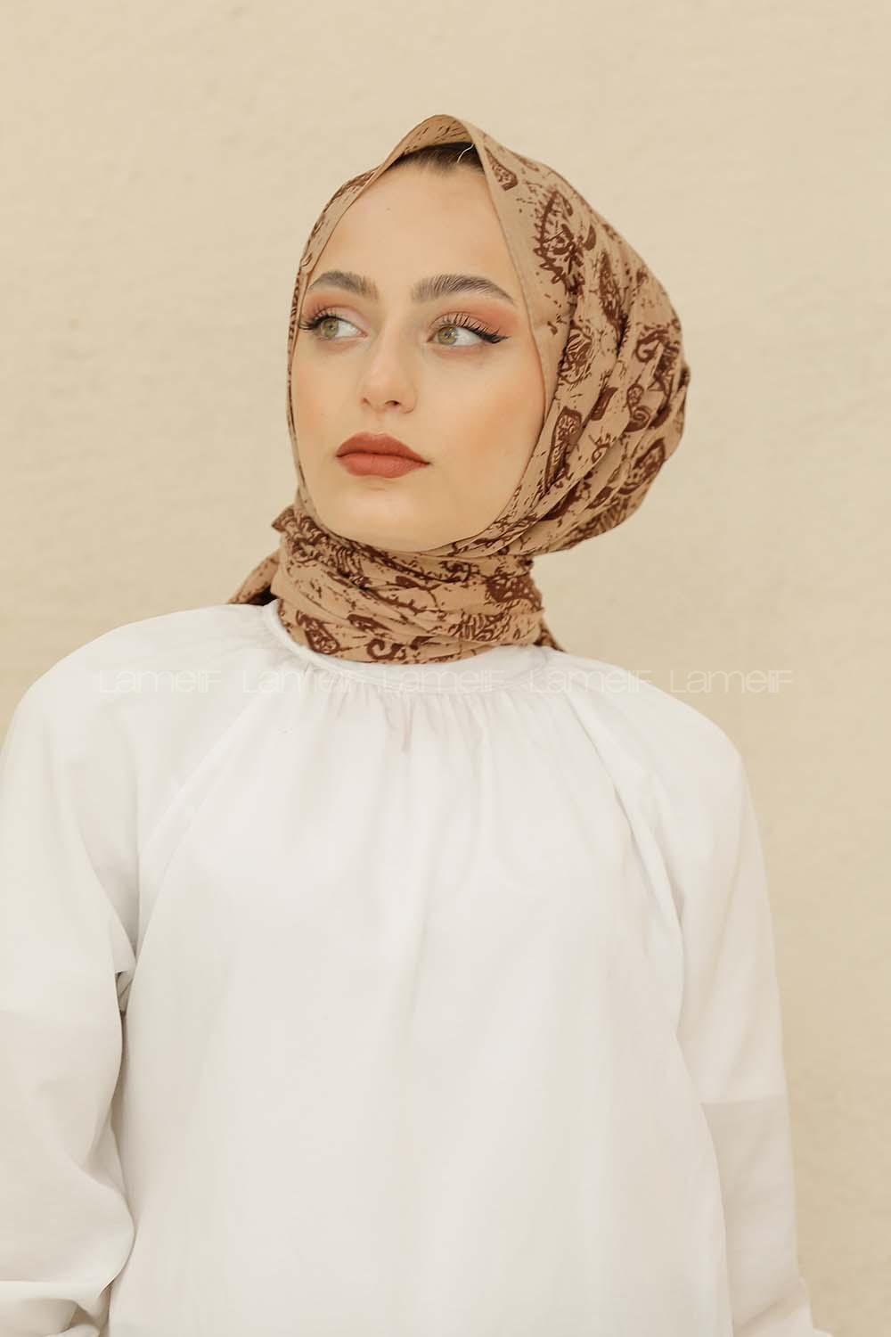 Modalamelif Toprak Rengi Motif Baskılı Pamuk Vual Şal