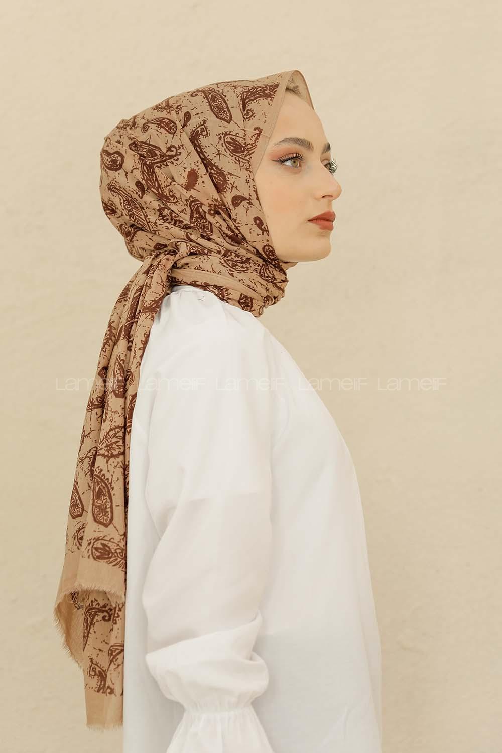 Modalamelif Toprak Rengi Motif Baskılı Pamuk Vual Şal