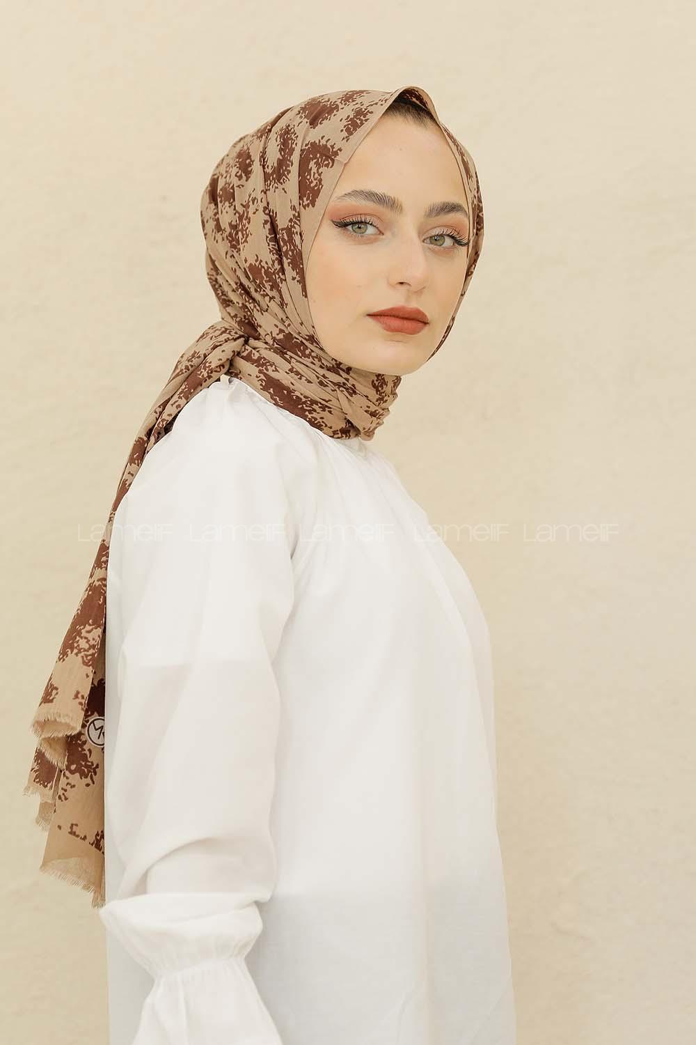 Modalamelif Vizonrengi Rengi Bulut Baskılı Pamuk Vual Şal