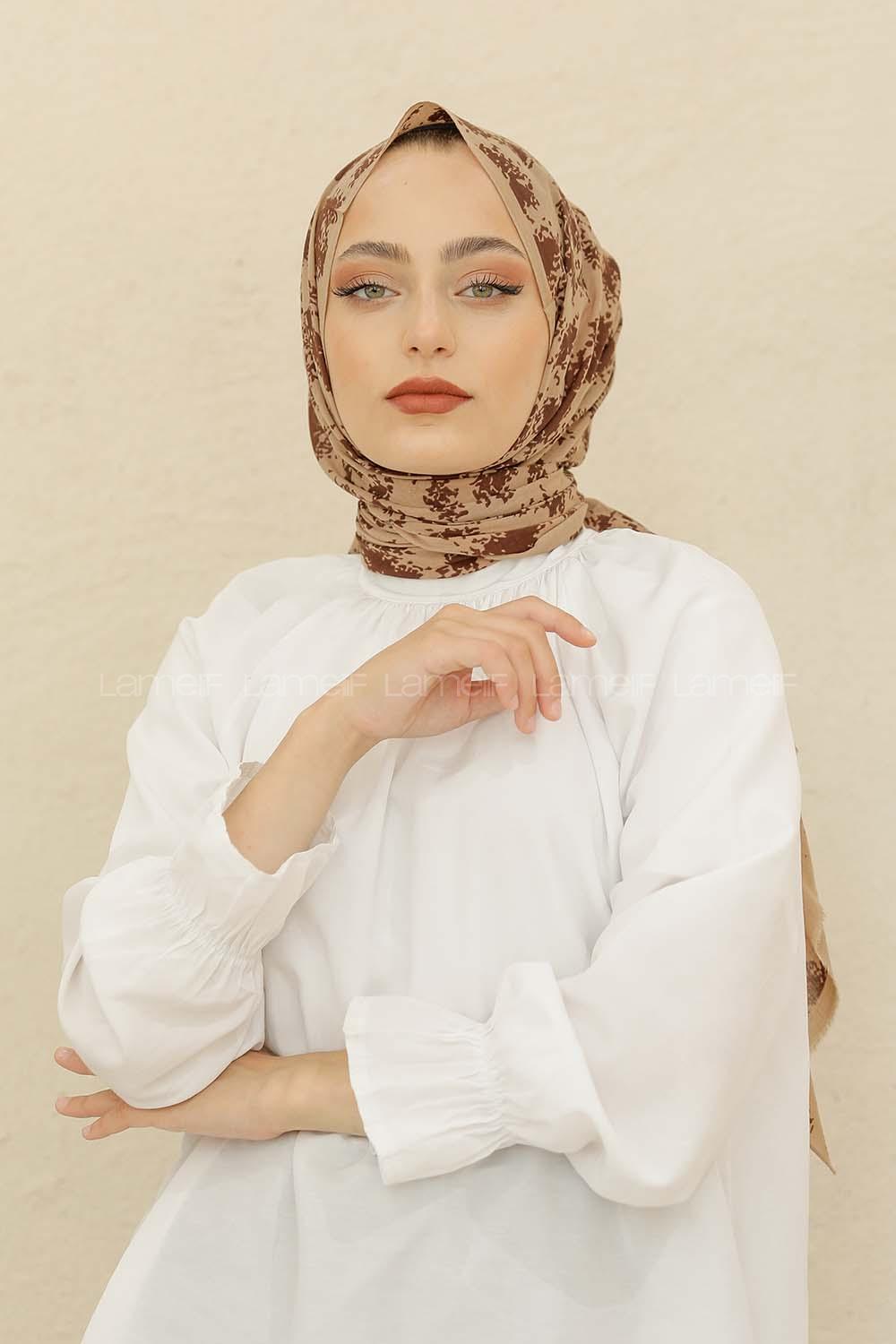 Modalamelif Vizonrengi Rengi Bulut Baskılı Pamuk Vual Şal