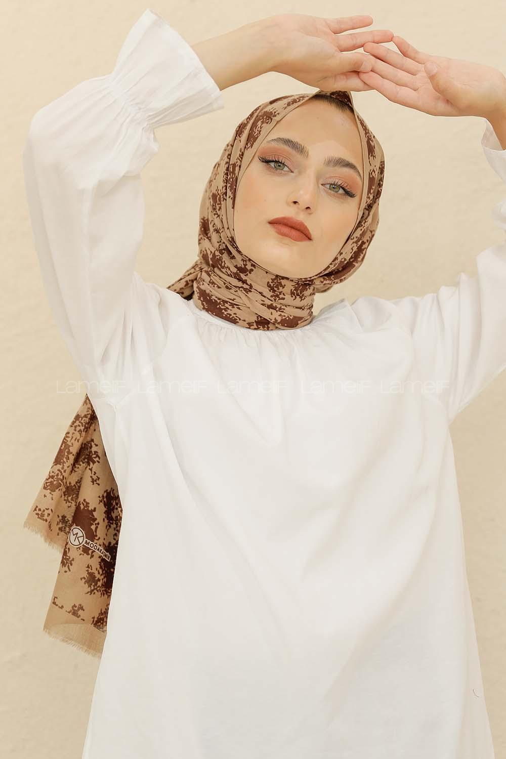 Modalamelif Vizonrengi Rengi Bulut Baskılı Pamuk Vual Şal