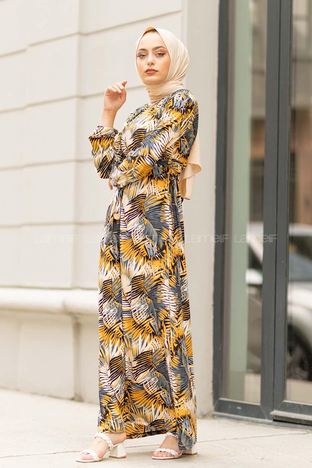 Modalamelif  Yaprak Desen Elbise Hardal Siyah