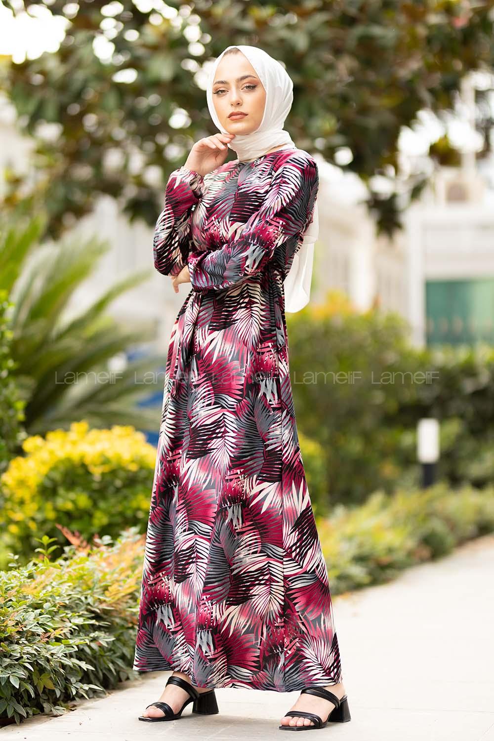 Modalamelif  Yaprak Desen Elbise Siyah Fuşya