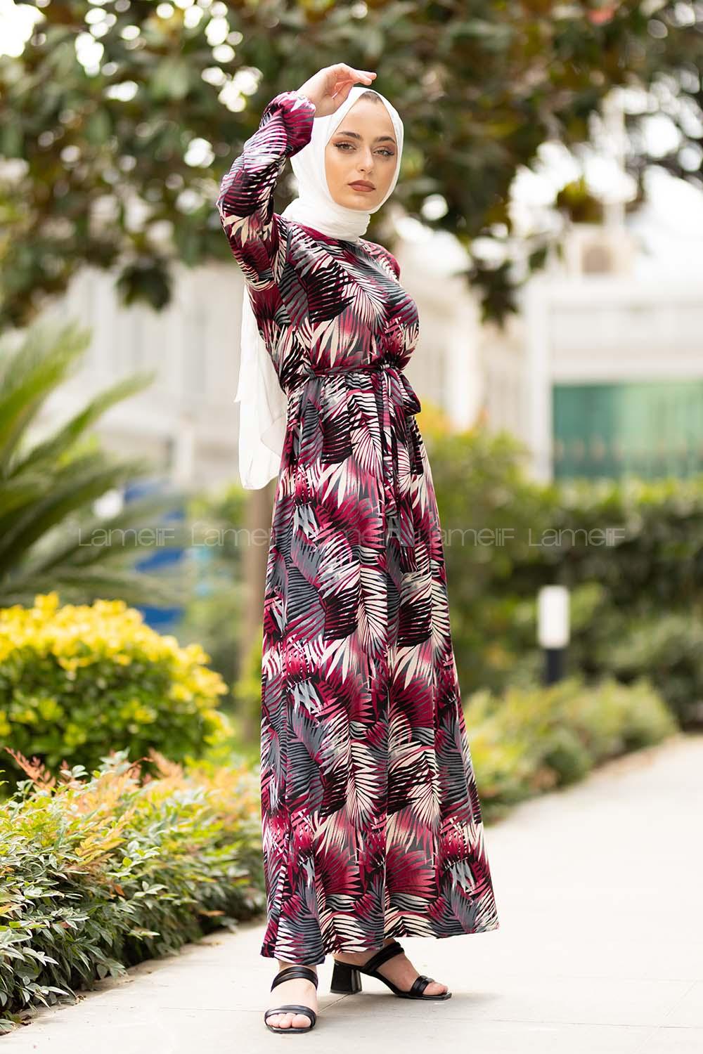 Modalamelif  Yaprak Desen Elbise Siyah Fuşya