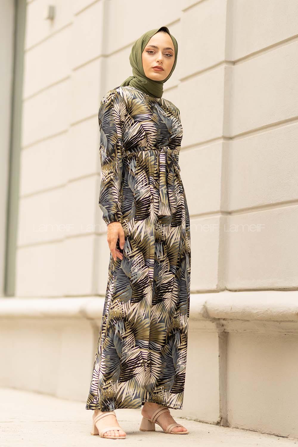 Modalamelif  Yaprak Desen Elbise Siyah Haki