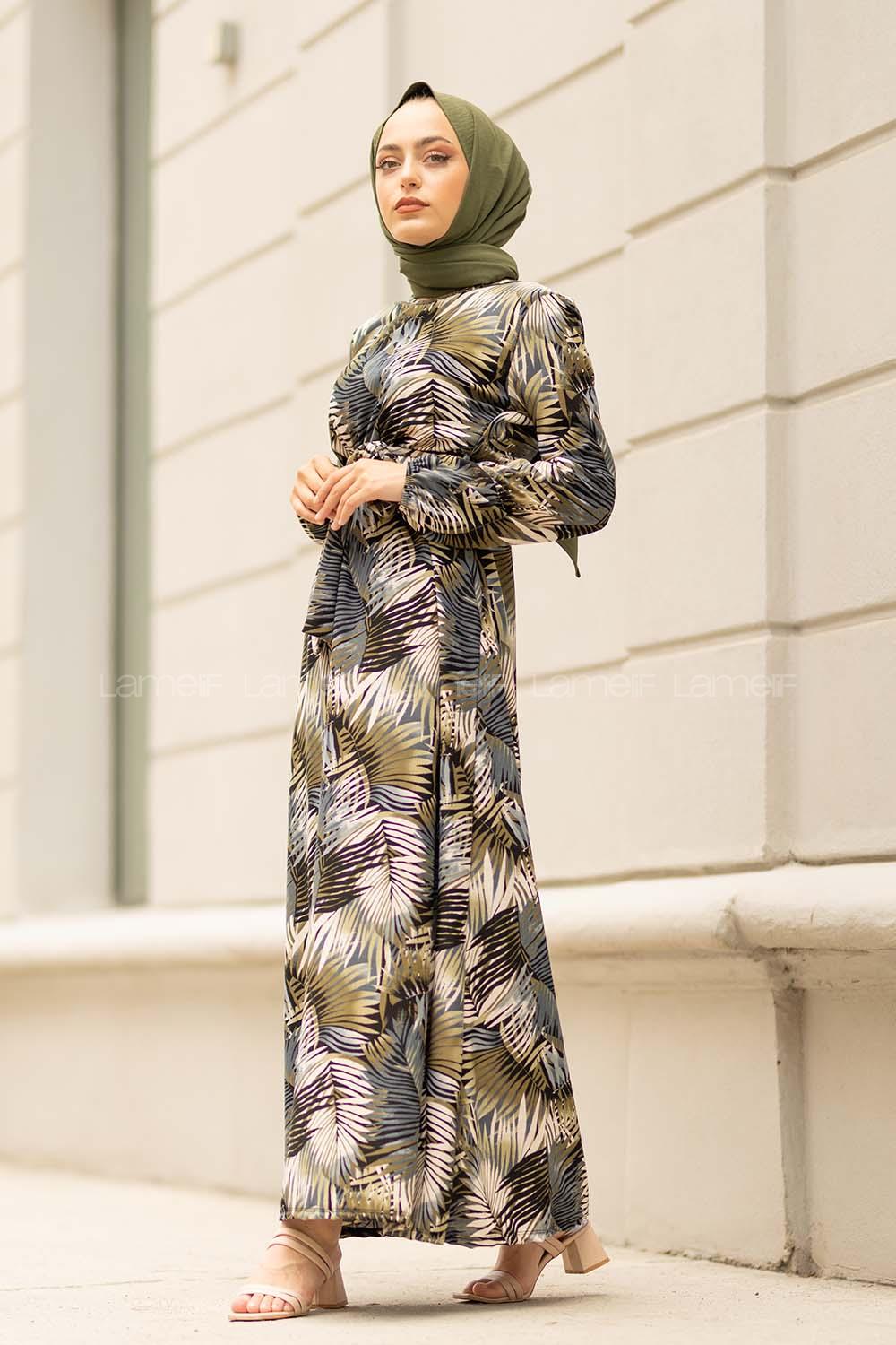 Modalamelif  Yaprak Desen Elbise Siyah Haki