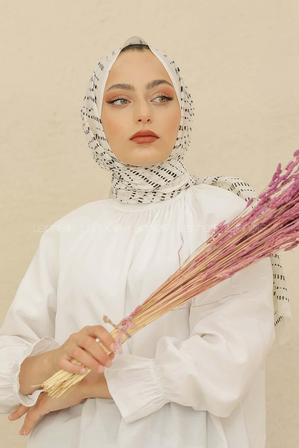 Modalamelif Beyaz Renk Şerit Desenli Şal