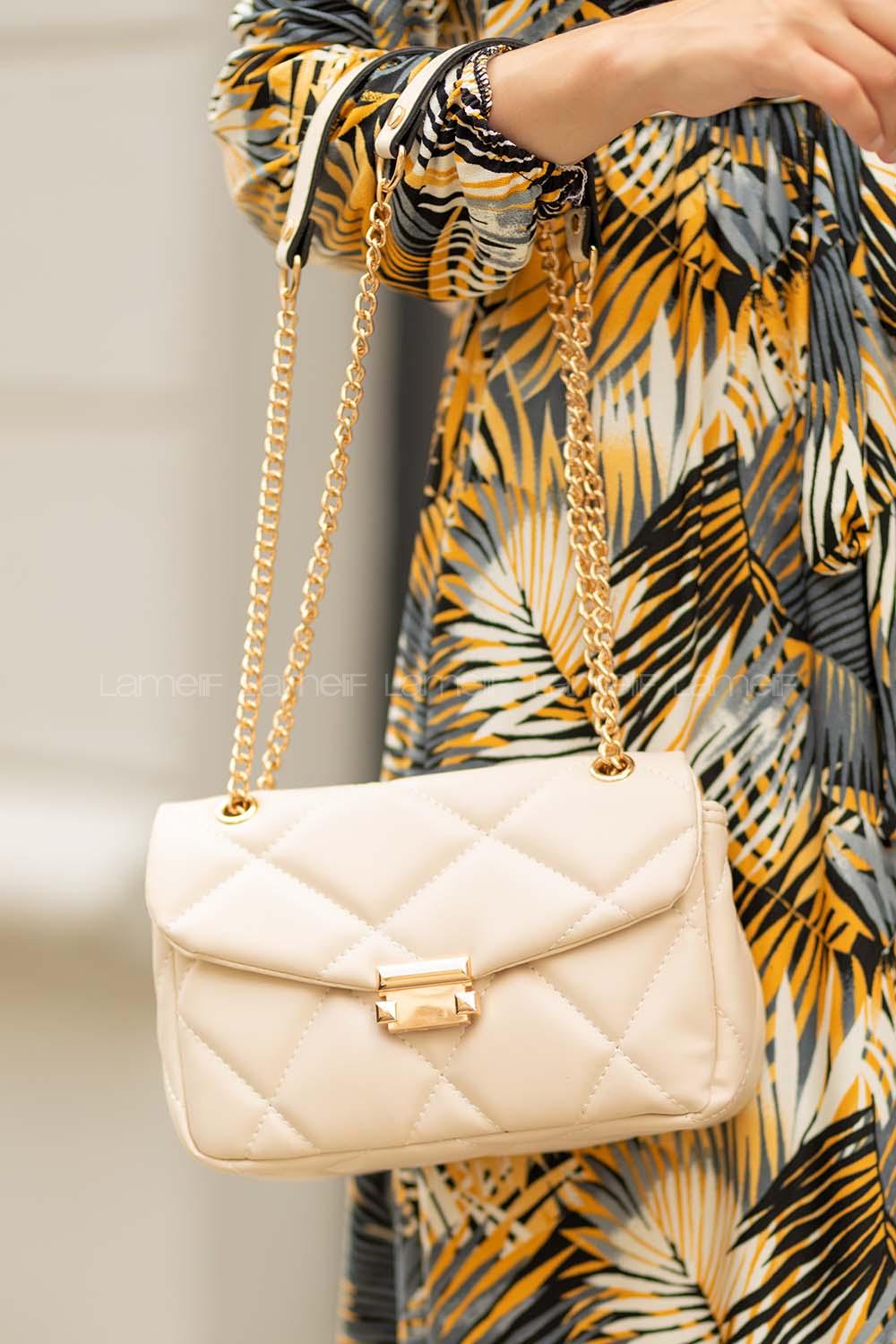 Modalamelif  Dikişli Deri Görünümlü Çanta Krem