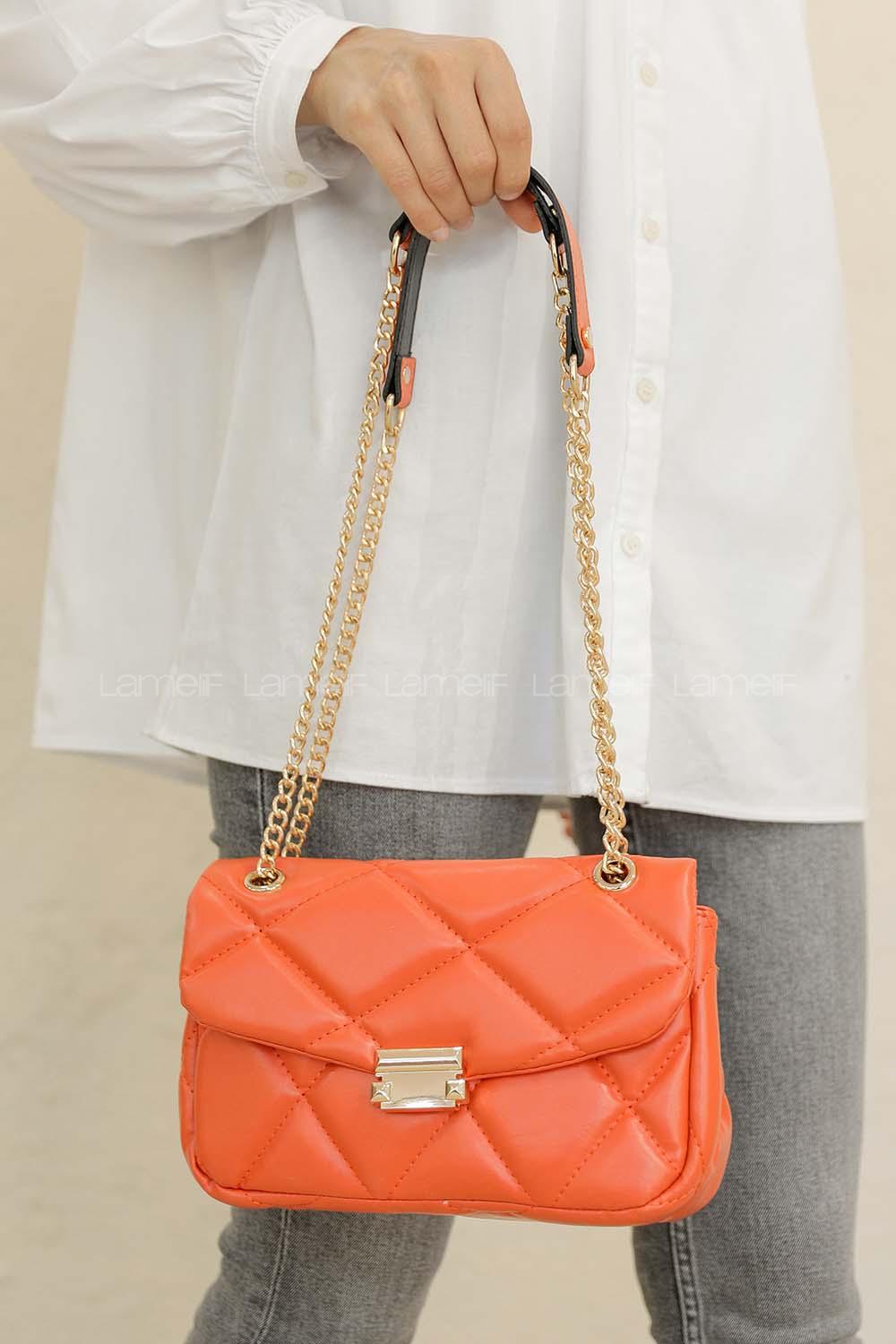 Modalamelif  Dikişli Deri Görünümlü Çanta Oranj