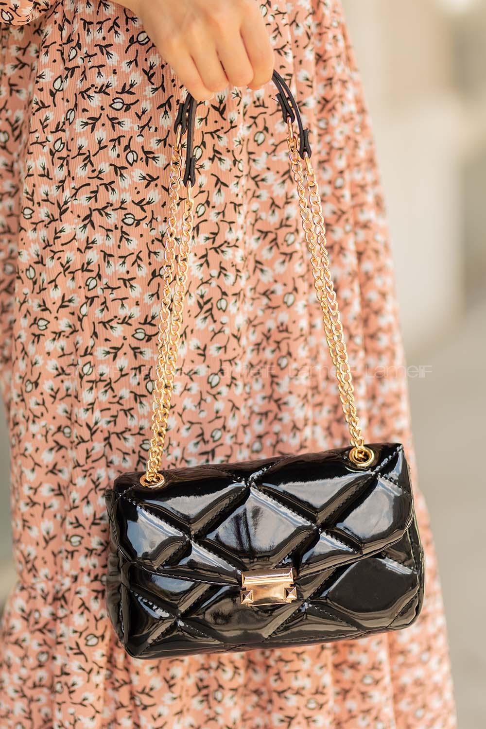 Modalamelif  Dikişli Deri Görünümlü Rugan Çanta Siyah