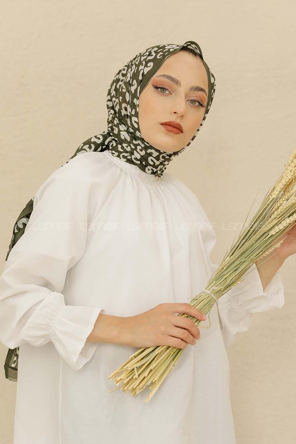 Modalamelif Haki-Beyaz Renkli Pati Desenli Şal