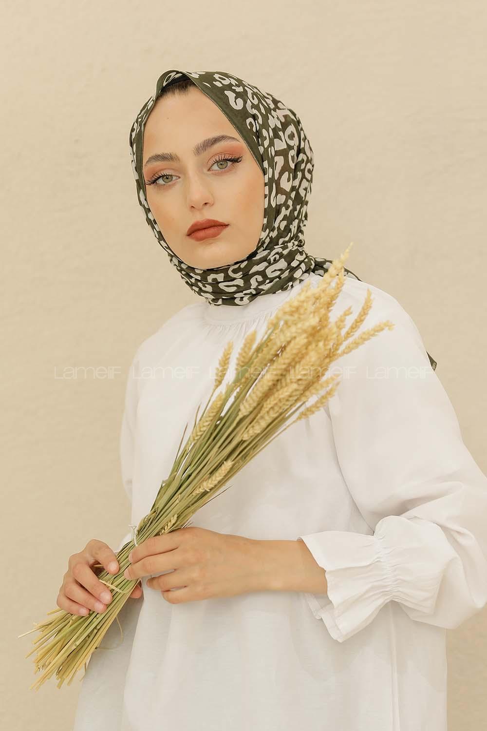 Modalamelif Haki-Beyaz Renkli Pati Desenli Şal