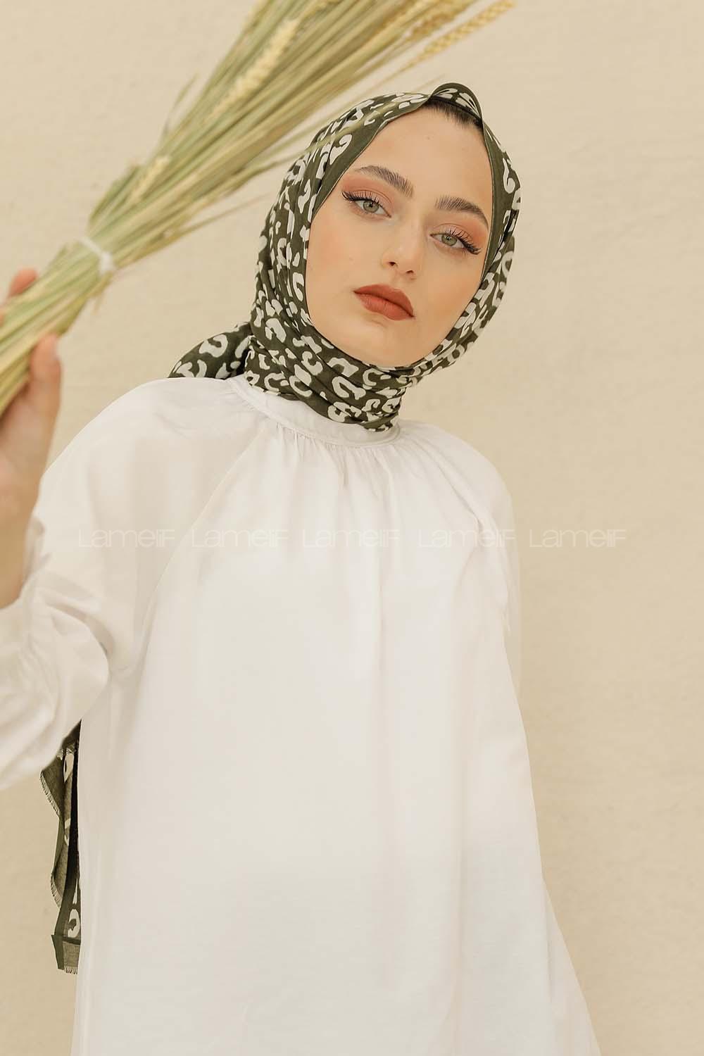 Modalamelif Haki-Beyaz Renkli Pati Desenli Şal