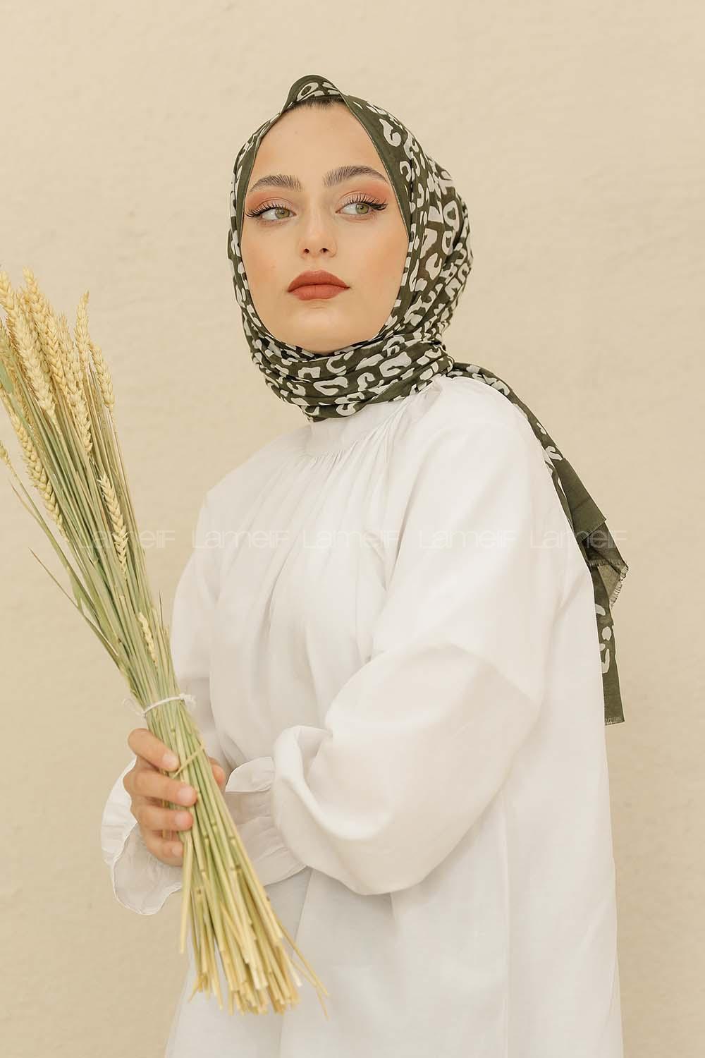 Modalamelif Haki-Beyaz Renkli Pati Desenli Şal