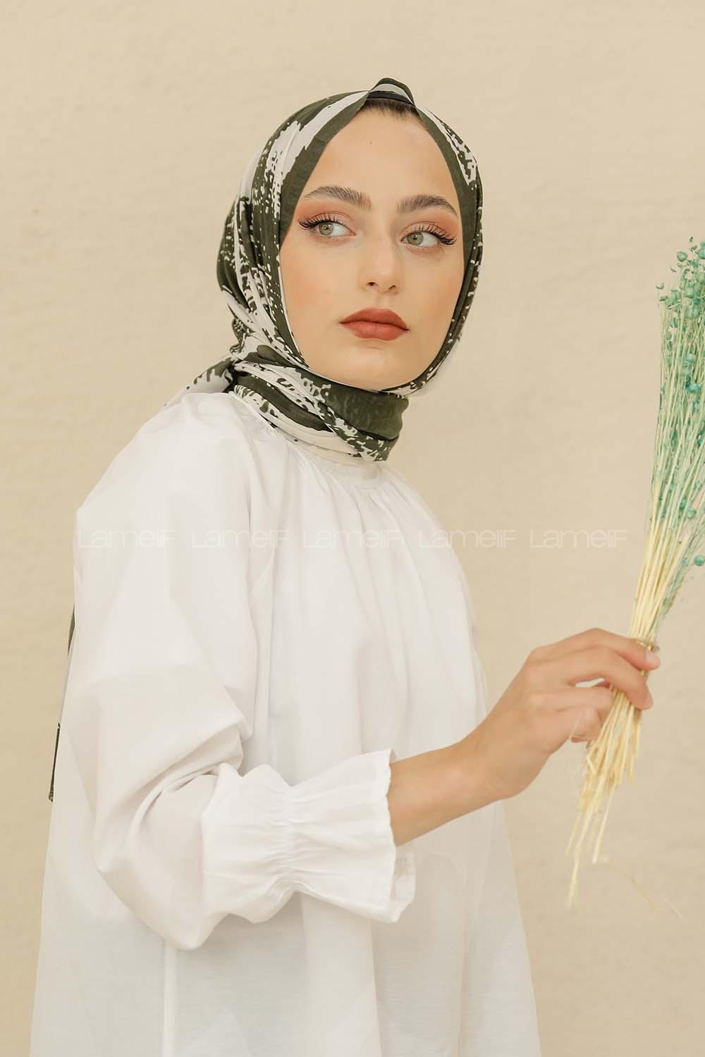 Modalamelif Haki Renk Karışık Desenli Şal