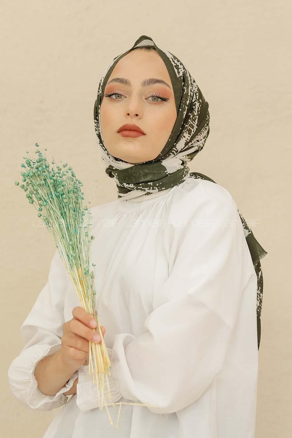 Modalamelif Haki Renk Karışık Desenli Şal