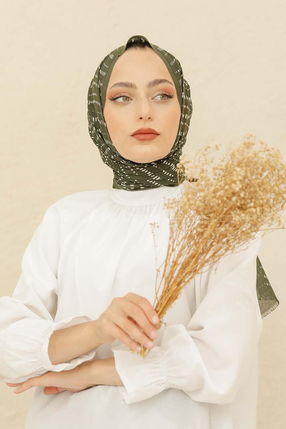 Modalamelif Haki Renk Şerit Desenli Şal