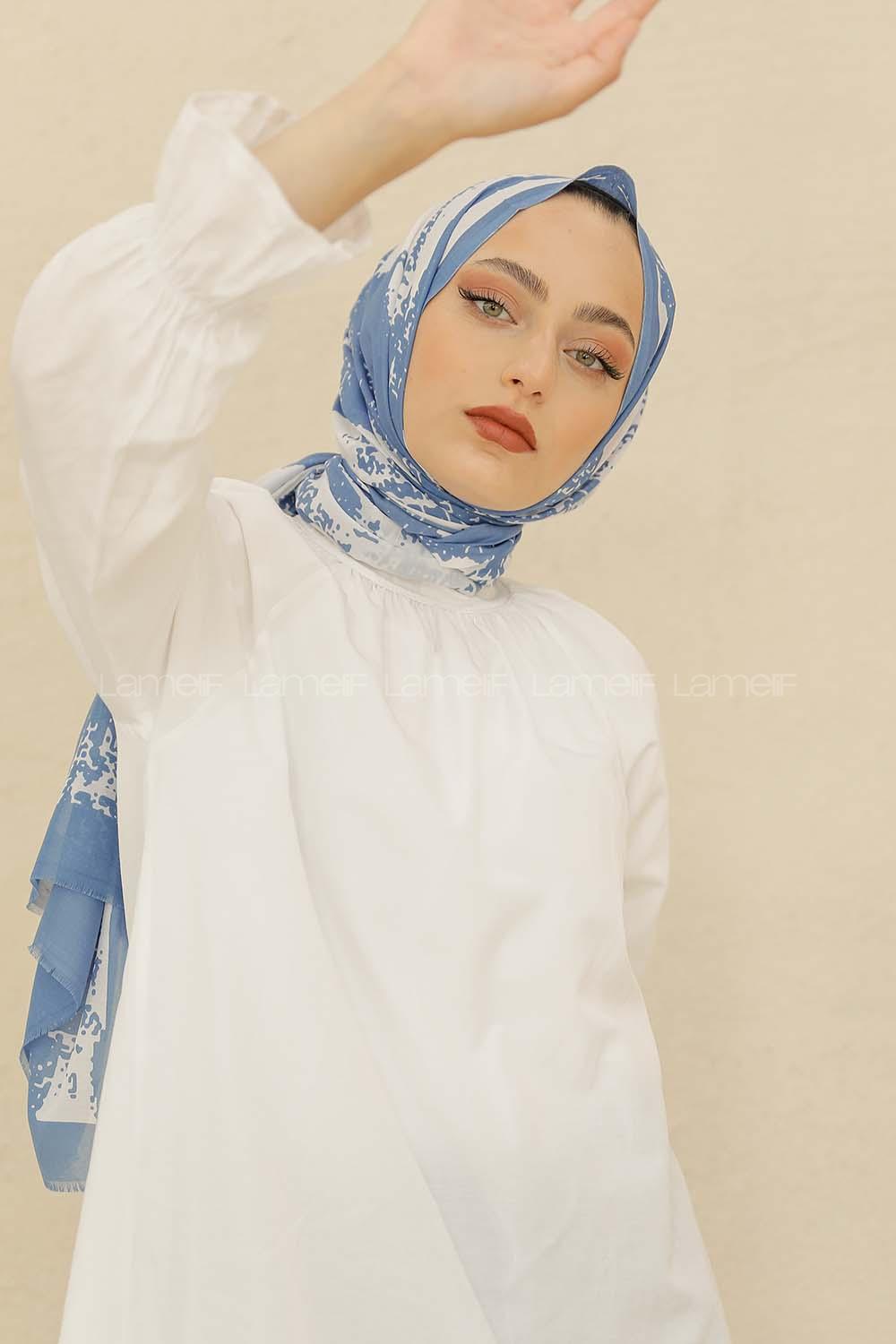 Modalamelif Mavi Renk Karışık Desenli Şal