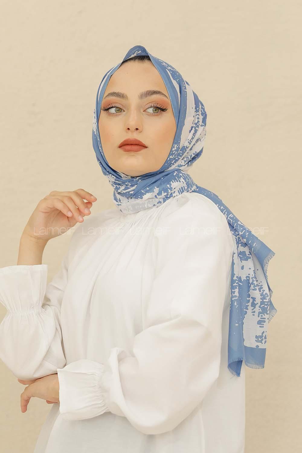 Modalamelif Mavi Renk Karışık Desenli Şal