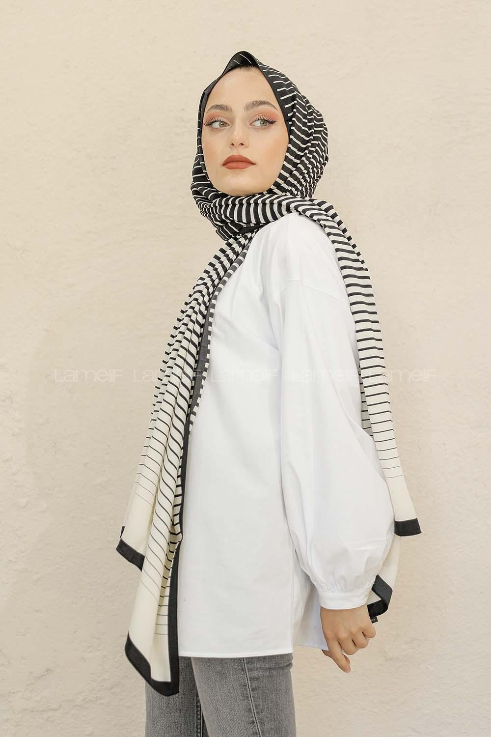 Modalamelif Siyah-Tarçın Baskılı Medine İpeği Şal Zoom Desen