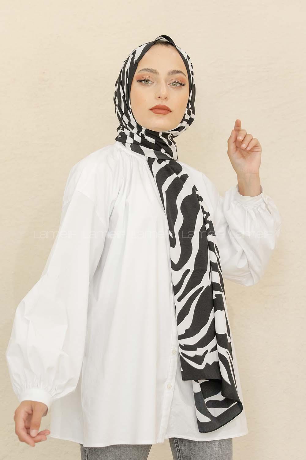 Modalamelif Siyah&Beyaz Baskılı Medine İpeği Şal Zoom Desen