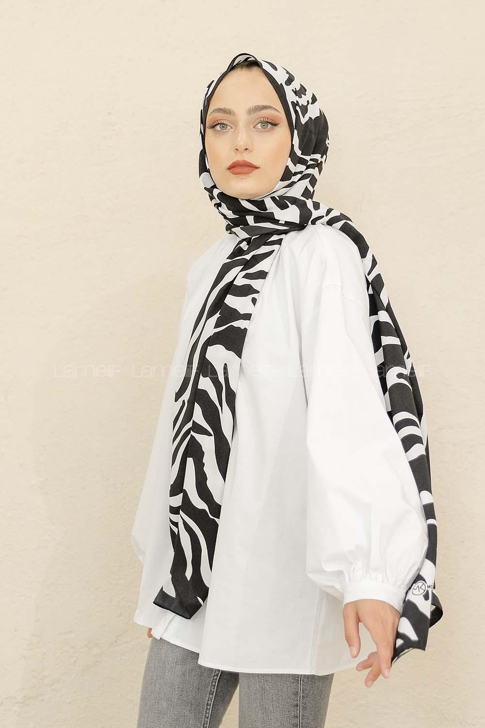 Modalamelif Siyah&Beyaz Baskılı Medine İpeği Şal Zoom Desen