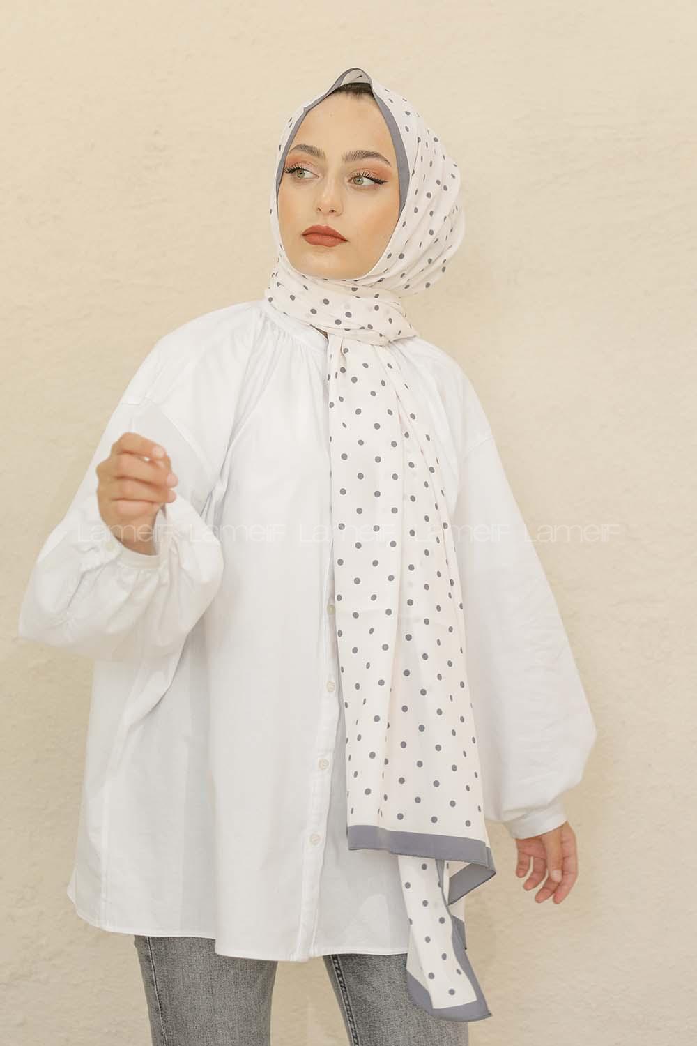 Modalamelif Füme&Beyaz Baskılı Medine İpeği Şal Benek Desen