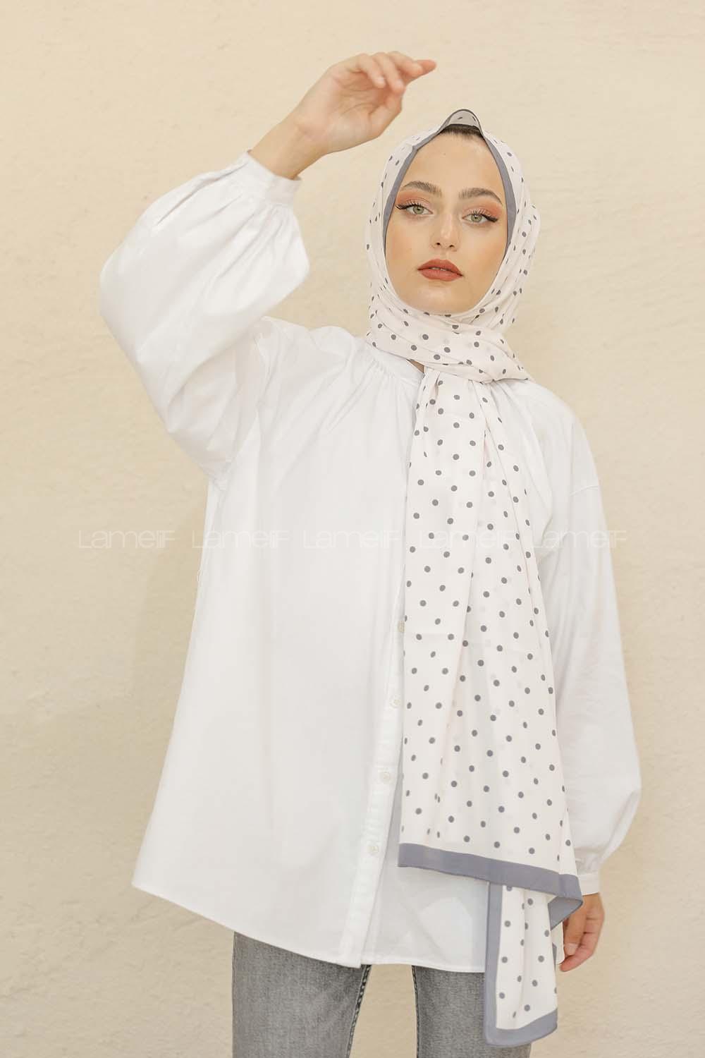 Modalamelif Füme&Beyaz Baskılı Medine İpeği Şal Benek Desen