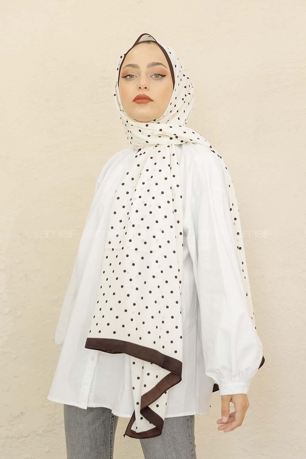 Modalamelif Kahve&Beyaz Baskılı Medine İpeği Şal Benek Desen