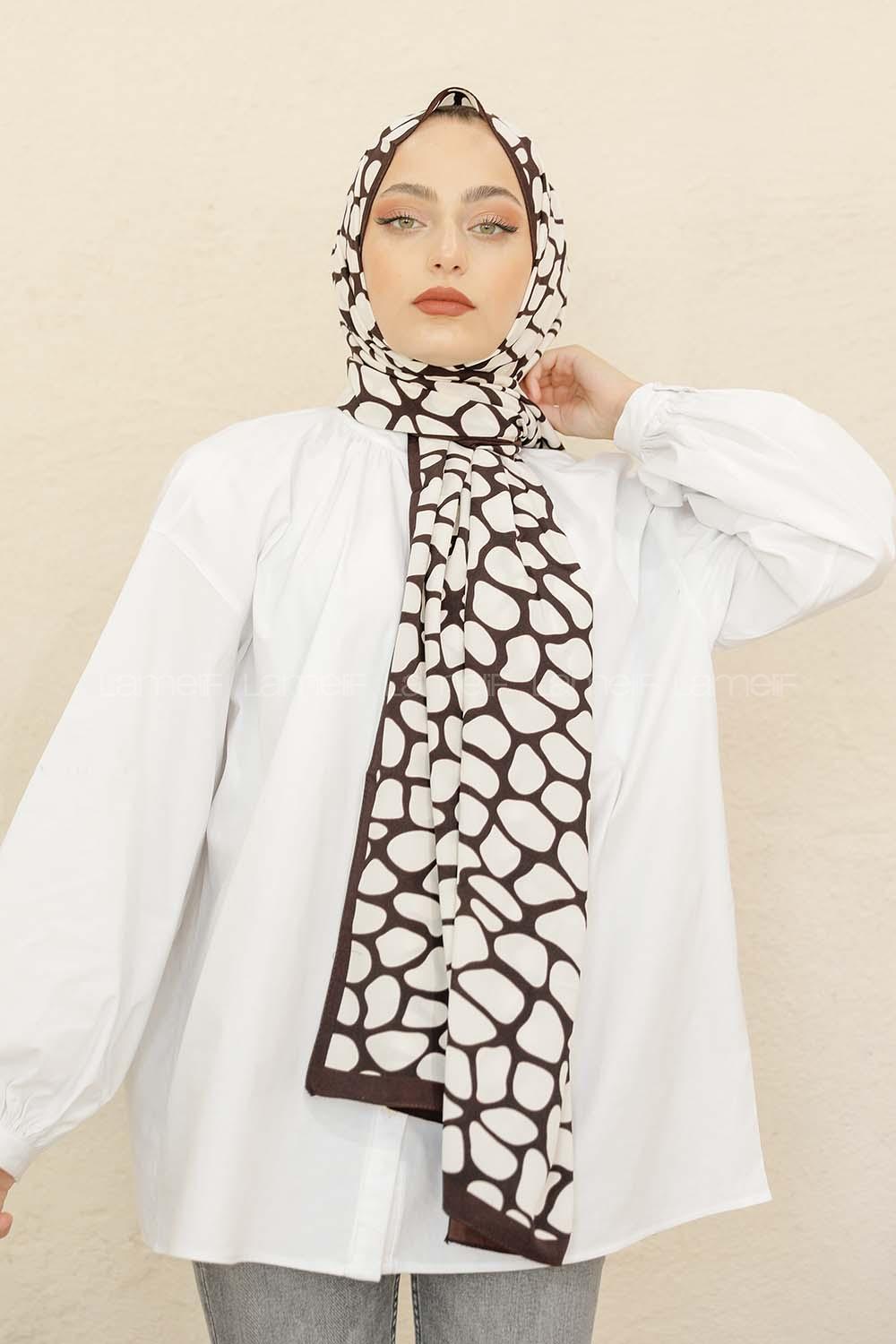 Modalamelif Kahve&Beyaz Baskılı Medine İpeği Şal Dama Desen