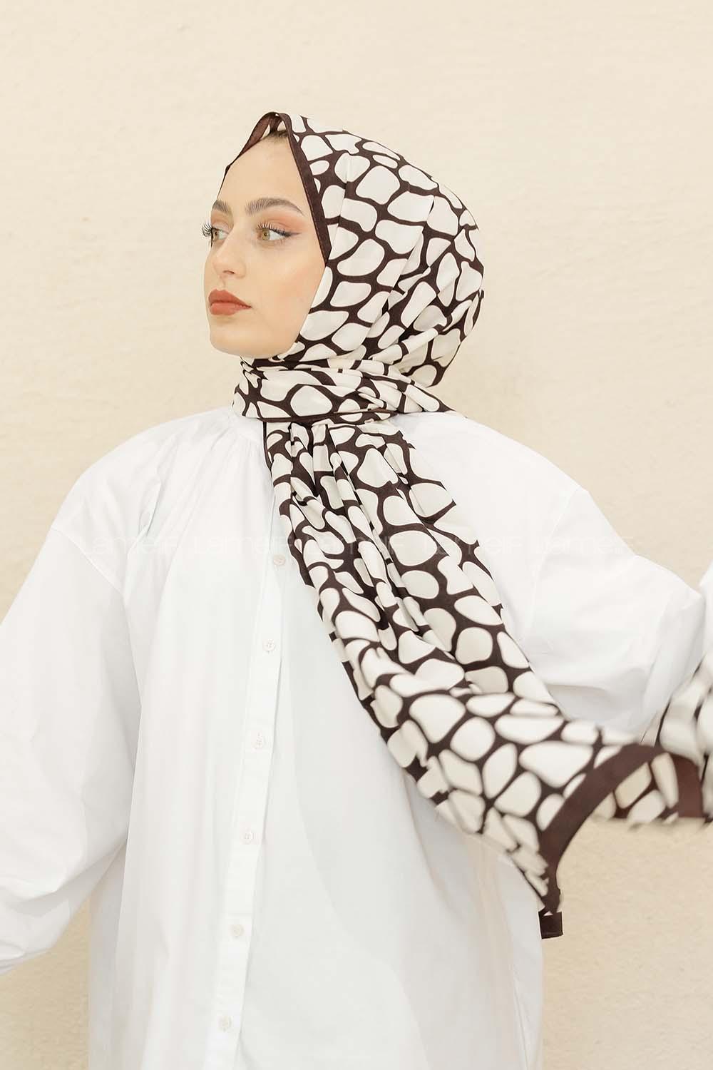 Modalamelif Kahve&Beyaz Baskılı Medine İpeği Şal Dama Desen