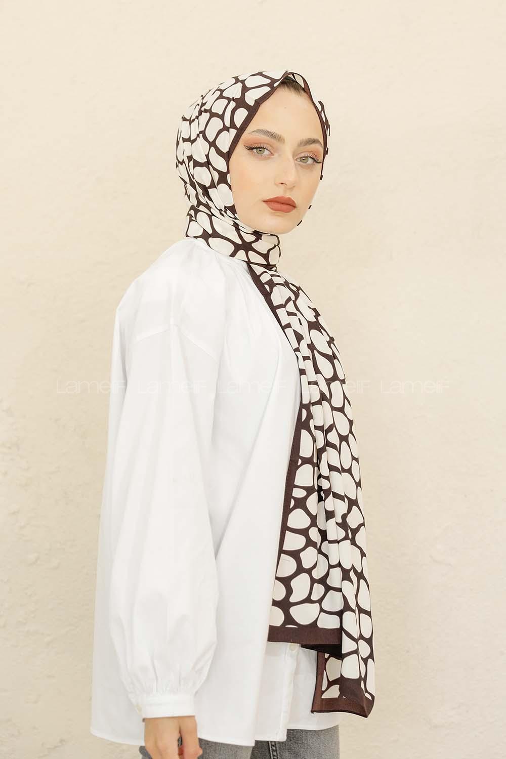 Modalamelif Kahve&Beyaz Baskılı Medine İpeği Şal Dama Desen