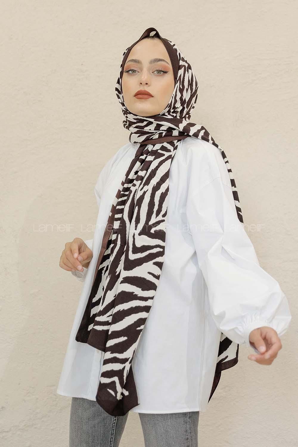 Modalamelif Kahve&Beyaz Baskılı Medine İpeği Şal Leopar Desen