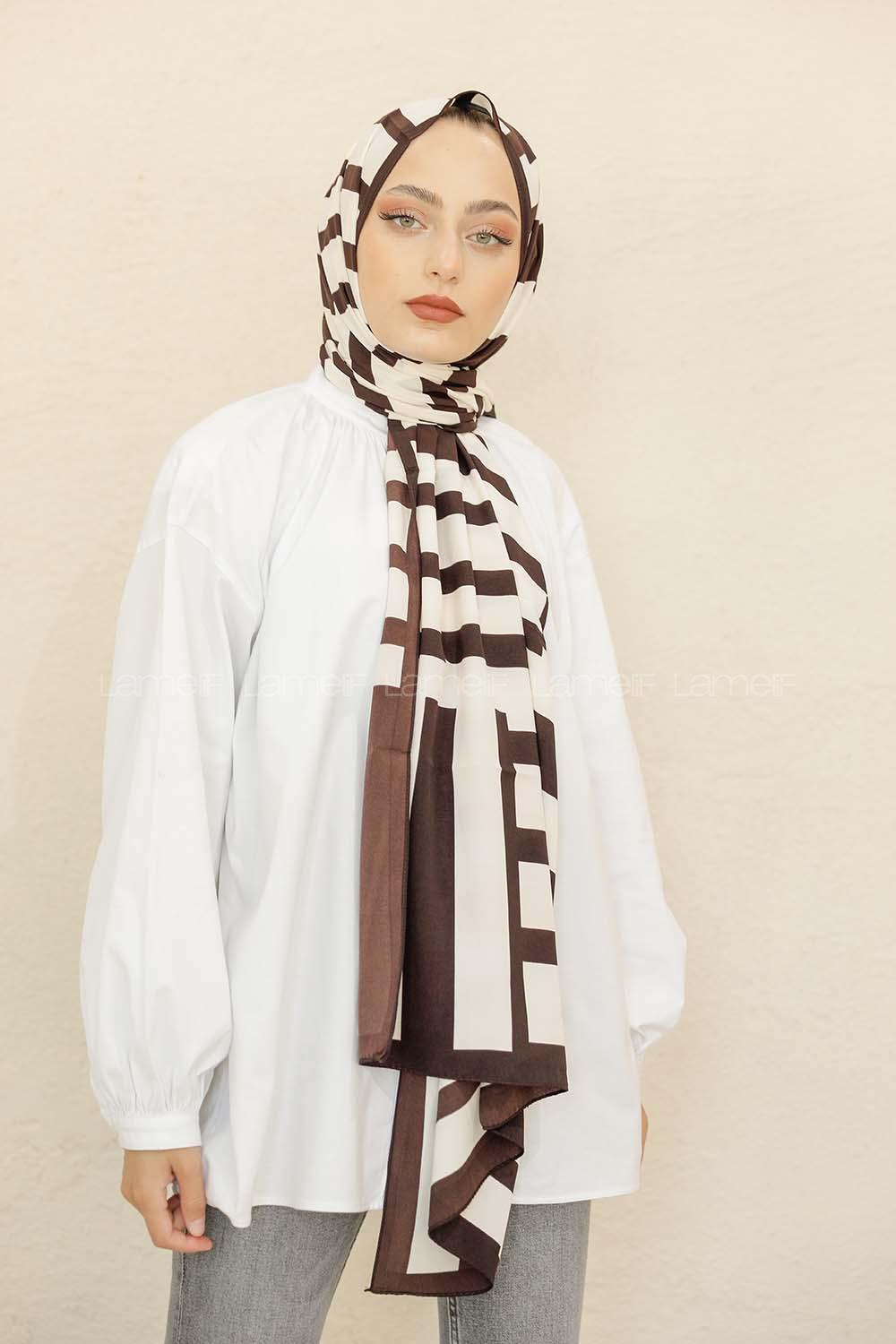 Modalamelif Kahve&Beyaz Baskılı Medine İpeği Şal Monokrom Desen