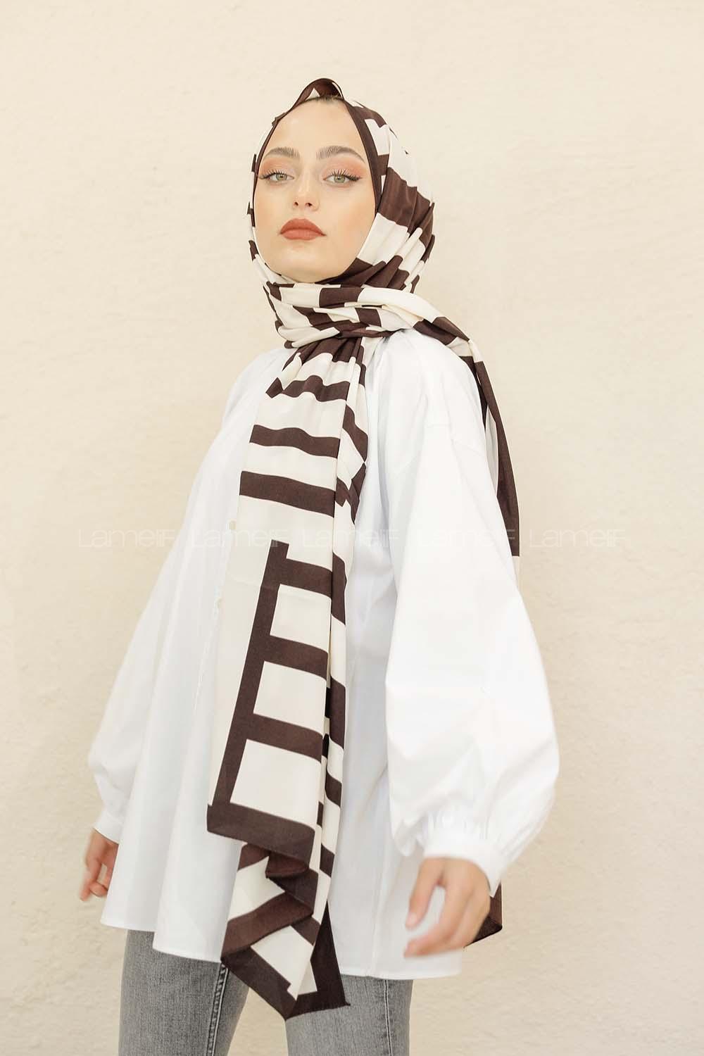 Modalamelif Kahve&Beyaz Baskılı Medine İpeği Şal Monokrom Desen