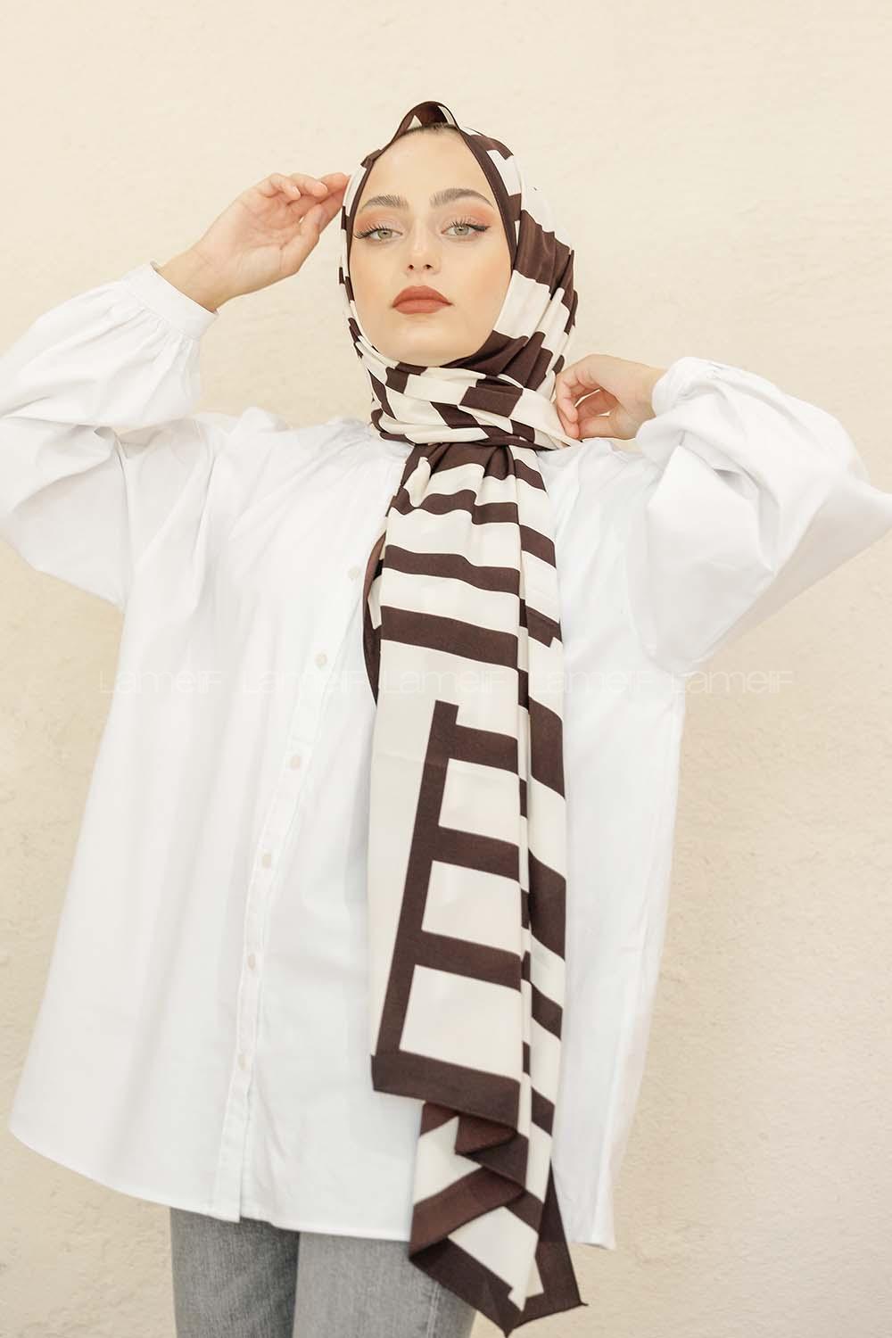 Modalamelif Kahve&Beyaz Baskılı Medine İpeği Şal Monokrom Desen