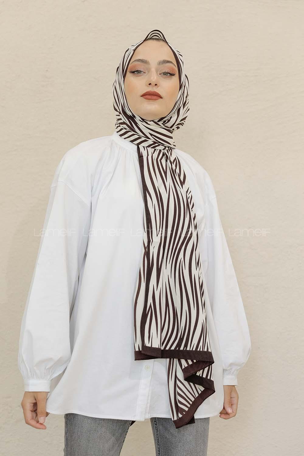 Modalamelif Kahve&Beyaz Baskılı Medine İpeği Şal Zebra Desen