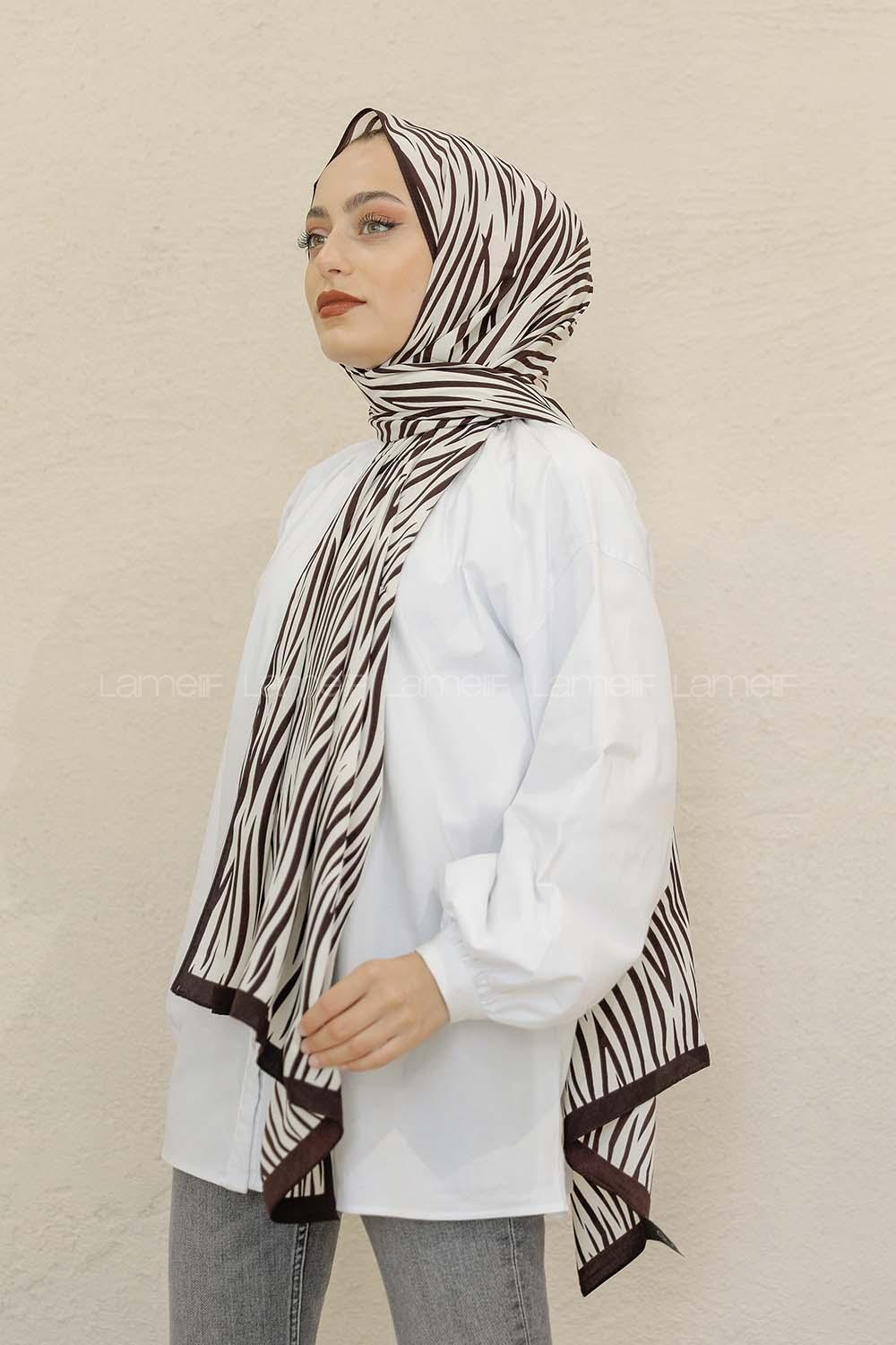 Modalamelif Kahve&Beyaz Baskılı Medine İpeği Şal Zebra Desen