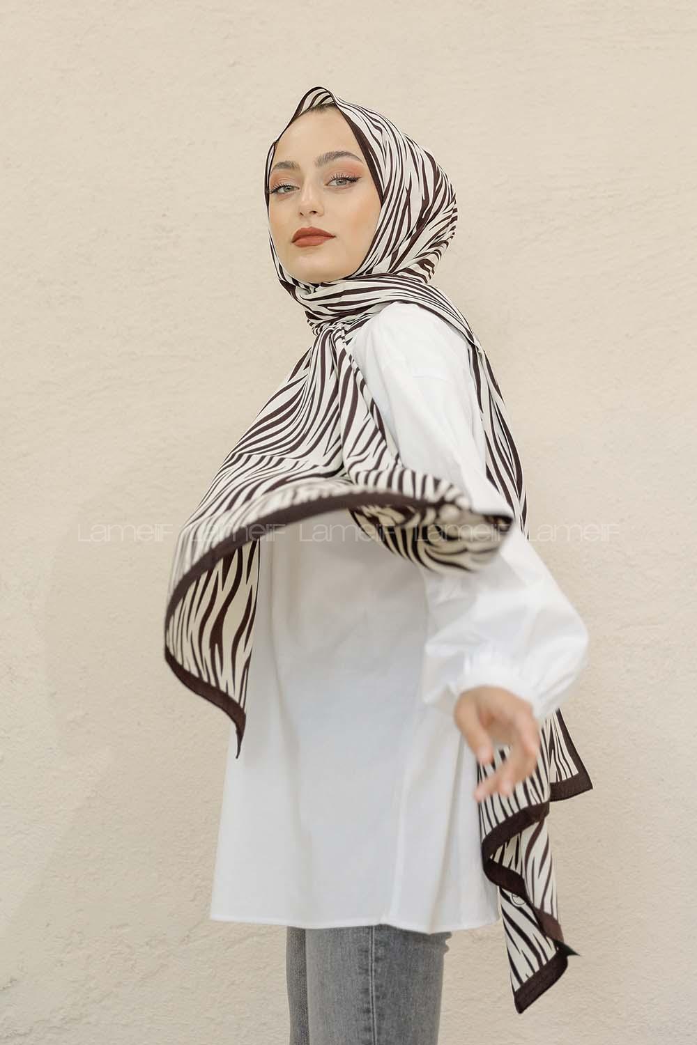 Modalamelif Kahve&Beyaz Baskılı Medine İpeği Şal Zebra Desen